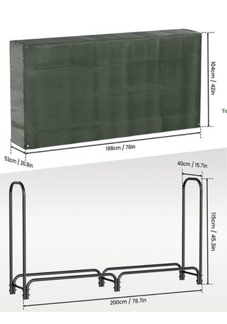 Leñero metal con lona verde. Está desarmado