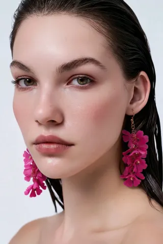 Orecchini pendenti con fiori rosa e dettagli oro