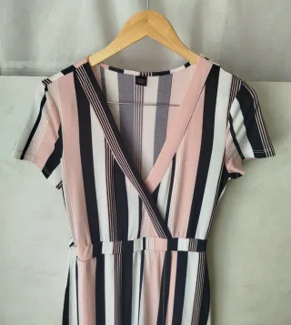 Vestido largo rayas rosa, negro y blanco