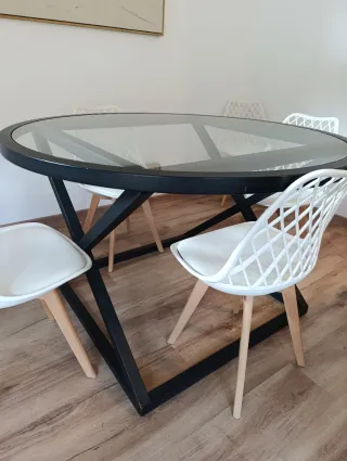 Mesa comedor forja negra y cristal redonda