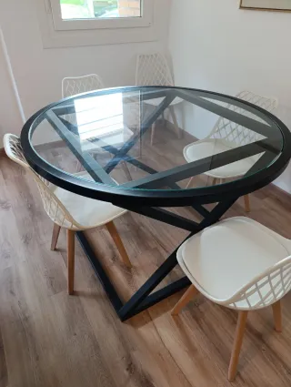 Mesa comedor forja negra y cristal redonda