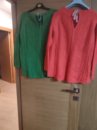 2 Jerseys Punto Trenzado Verde y coral