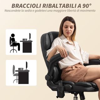 Silla De Oficina Masajeadora 4 Puntos Vibrante Con Función De Balanceo Y Calor, Silla De Oficina Escritorio En Piel PU Con Apoyabrazos Plegables, Altura Ajustable, Negra