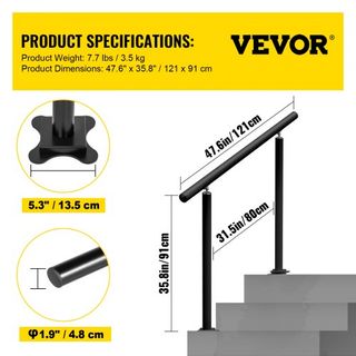 Pasamanos para Escaleras Exteriores, Pasamanos Negro de 4 pies, 34 pulgadas, Ajustable de 0 a 60 Grados, Pasamanos para Escaleras Exteriores, Pasamanos de Aluminio Negro para Jardín