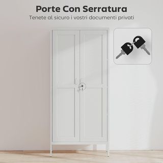 Armadio portadocumenti in acciaio a 2 ante, archivio per ufficio con ripiani regolabili e serratura, mobile multiuso per ufficio, studio, casa, 80X40X175 cm, bianco