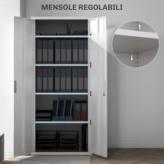 Armadio Ufficio 5 Livelli Con 4 Ripiani Regolabili, Armadio Metallo Per Documenti Con 2 Porte, Serratura E 2 Chiavi, 80X40X180 Cm, Bianco