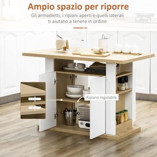 Isola per Cucina 4-6 Persone, Credenza con 2 Ante e Ripiani Aperti, 110X70X75.5 Cm, Bianco e Legno