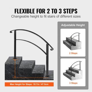 Pasamanos para Escaleras Exteriores, Se Adapta a 1 o 3 Escalones, Barandilla de Hierro Forjado Negra, Barandilla Flexible para Porche Frontal, Pasamanos Transicional para Escaleras de Concreto o d...