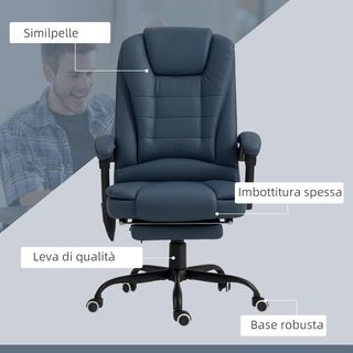 Silla Ergonómica De Oficina Con 7 Puntos Masajeadores Y Reposapiés, Silla De Escritorio Reclinable En Cuero PU Con Apoyabrazos Acolchados, Altura Regulable Y Ruedas Giratorias, Para Estudio, Azul