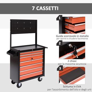 Carrello portautensili pratico e funzionale con cassettiera 61,5 x 33 x 76 cm Nero e Arancione