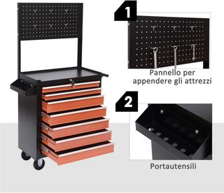 Carrello portautensili pratico e funzionale con cassettiera 61,5 x 33 x 76 cm Nero e Arancione