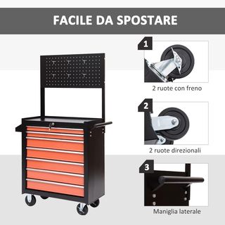 Carrello portautensili pratico e funzionale con cassettiera 61,5 x 33 x 76 cm Nero e Arancione