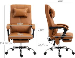 Silla De Oficina Ergonómica Masajeadora Y Calentada, Silla De Escritorio Reclinable Balanceo Altura Ajustable Con Respaldo Alto Y Reposapiés, De Cuero PU Para Computadora, Marrón Claro