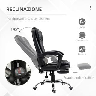 Silla de Oficina Ergonómica Presidencial de Piel PU con Soporte Lumbar, Silla de Oficina Giratoria con Respaldo Alto Reclinable 145°, Altura Regulable y Reposapiés Extraíble, Negro