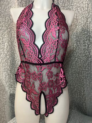 Body sexy encaje rosa y negro talla única