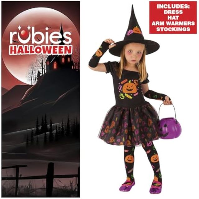 Rubies Costume da Bruja Chic rosa per bambina, vestito lussuoso in colore rosa con cappello, originale halloween, carnevale e compleanno