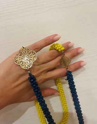 Collana lunga artigianale blu e gialla