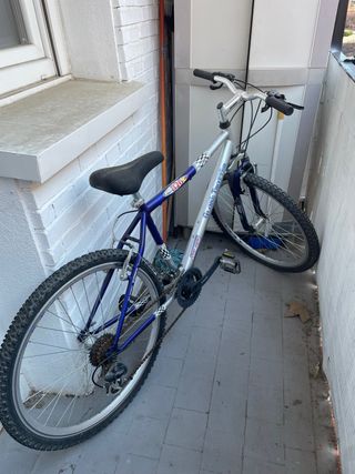 Bicicleta de montaña plateada y azul