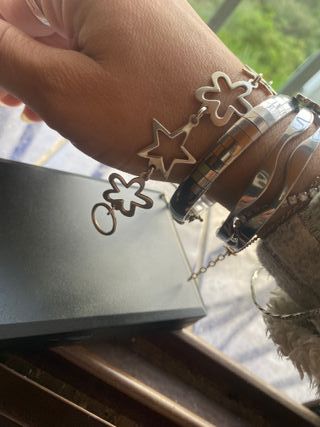 Pulsera Plata Estrellas y Flores
