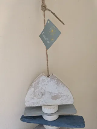 Decorazione Pesce Legno Grezzo Blu Bianco