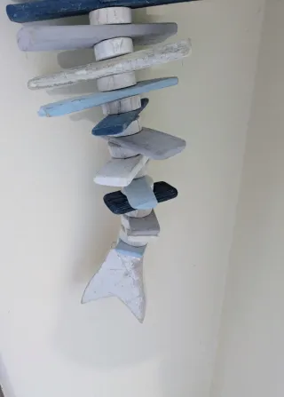 Decorazione Pesce Legno Grezzo Blu Bianco