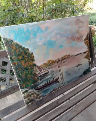 Dipinto paesaggio fluviale su tela