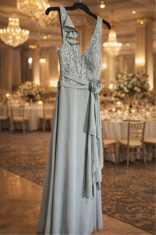 Vestido largo turquesa con una flor