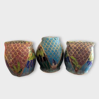 3 Gufi CLOISONNÉ OWL vintage 70s  arte cinese