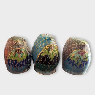 3 Gufi CLOISONNÉ OWL vintage 70s  arte cinese