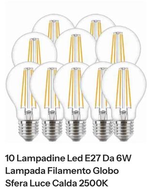 10 Lampadine LED Filamento Globo E27 6W