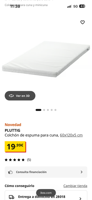 Colchón cuna Ikea PLUTTIG 60x120x5 cm