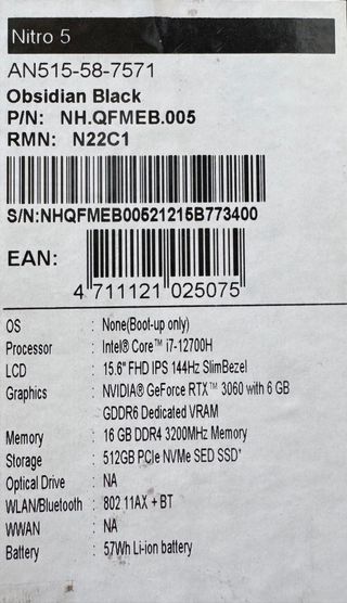 Portátil Gaming Acer Nitro 5 i7 RTX 3060 16GB