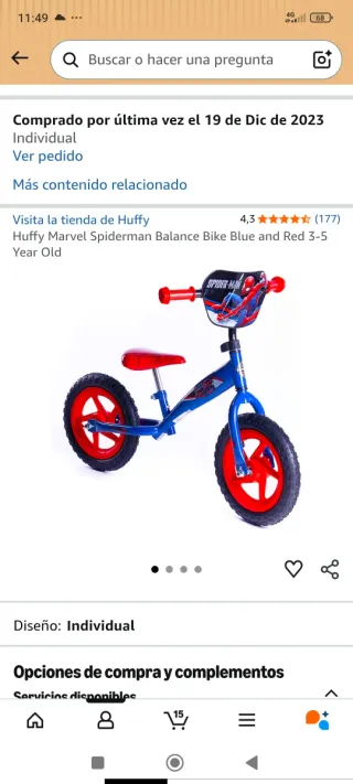 Bicicleta sin pedales azul y roja Spiderman