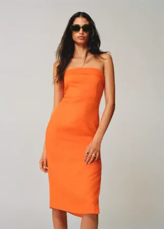 Vestido MIDI Lino Mango Naranja Talla M