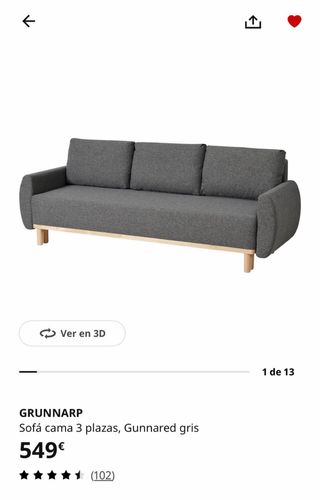 Sofá Cama IKEA GRUNNARP 3 Plazas Gris
