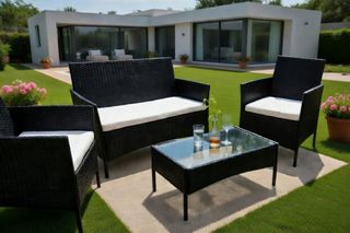 Conjunto Terraza Ratan Negro y Cristal