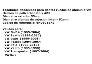 55mm Tapabujes Vw Centro de Llantas Ruedas