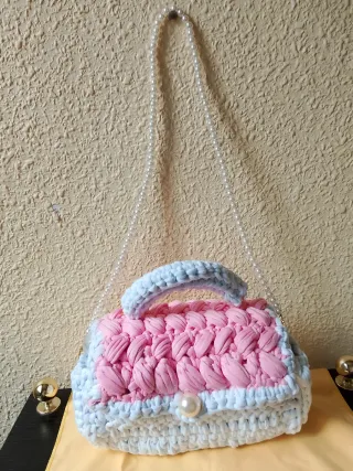 Bolso Crochet Rosa con Asas Marrones