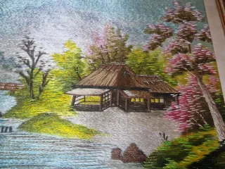 Cuadro bordado japonés paisaje río
