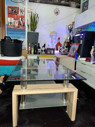 Mesa centro cristal y madera