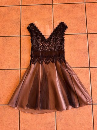 Vestido corto encaje negro y beige