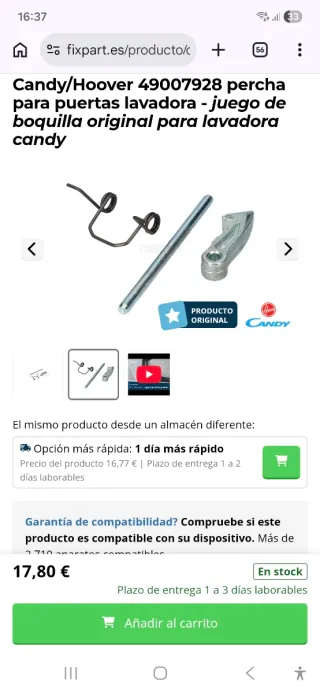 Tirador y cierre lavadora Candy/Hoover