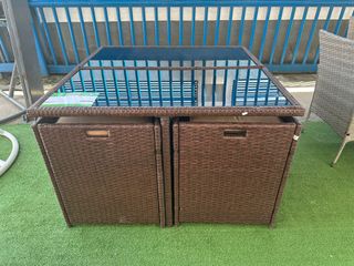 Mesa Terraza con 4 Sillas Mimbre y Cristal