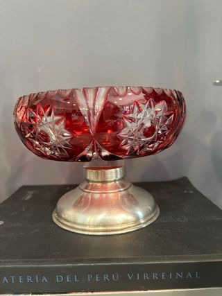 Frutero Cristal Tallado Rojo Base Plata