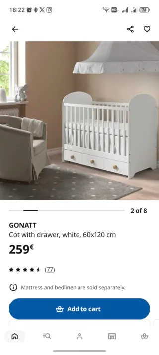 Cuna Ikea Gonatt con colchón 120x60