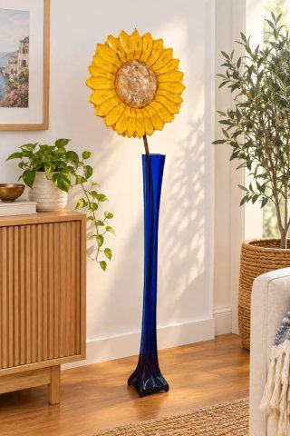 Jarrón alto vidrio azul con flor girasol