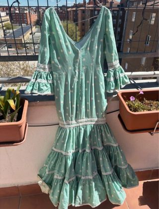 Traje Flamenca Turquesa Lunares Blancos