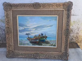 Cuadro de barcos en la playa