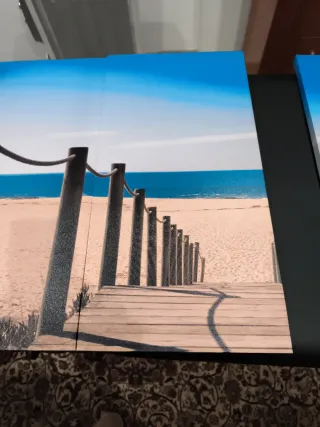 3 Quadri Paesaggio Spiaggia in Legno e Tela
