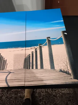 3 Quadri Paesaggio Spiaggia in Legno e Tela